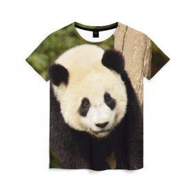 Женская футболка 3D с принтом Панда на дереве в Тюмени, 100% полиэфир ( синтетическое хлопкоподобное полотно) | прямой крой, круглый вырез горловины, длина до линии бедер | животные | лес | медведь | медвежонок | панда | природа