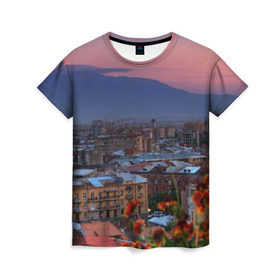 Женская футболка 3D с принтом Армения в Тюмени, 100% полиэфир ( синтетическое хлопкоподобное полотно) | прямой крой, круглый вырез горловины, длина до линии бедер | айастан | армения | город | горы | дома | ереван | закат | пейзаж | ромашки | столица | страна | флора | хайастан | цветы | эривань
