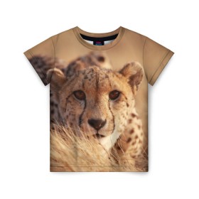 Детская футболка 3D с принтом Гепард в Тюмени, 100% гипоаллергенный полиэфир | прямой крой, круглый вырез горловины, длина до линии бедер, чуть спущенное плечо, ткань немного тянется | Тематика изображения на принте: амурский | гепард | животные | зверь | киса | кот | котенок | кошка | лев | леопард | пума | рысь | серый | тигр | тигренок | хищник