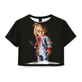 Женская футболка 3D укороченная с принтом Чаки в Тюмени, 100% полиэстер | круглая горловина, длина футболки до линии талии, рукава с отворотами | chucky | кино | кровь | кукла | нож | ужасы | чаки