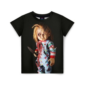 Детская футболка 3D с принтом Чаки в Тюмени, 100% гипоаллергенный полиэфир | прямой крой, круглый вырез горловины, длина до линии бедер, чуть спущенное плечо, ткань немного тянется | Тематика изображения на принте: chucky | кино | кровь | кукла | нож | ужасы | чаки