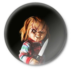 Значок с принтом Чаки в Тюмени,  металл | круглая форма, металлическая застежка в виде булавки | Тематика изображения на принте: chucky | кино | кровь | кукла | нож | ужасы | чаки
