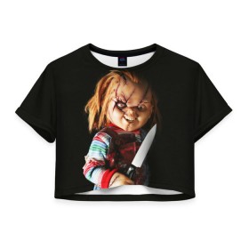 Женская футболка 3D укороченная с принтом Чаки в Тюмени, 100% полиэстер | круглая горловина, длина футболки до линии талии, рукава с отворотами | chucky | кино | кровь | кукла | нож | ужасы | чаки