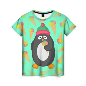 Женская футболка 3D с принтом Пингвин с мороженым в Тюмени, 100% полиэфир ( синтетическое хлопкоподобное полотно) | прямой крой, круглый вырез горловины, длина до линии бедер | животные | милые животные | мороженое | пингвин | прикольные животные