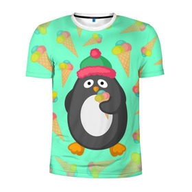 Мужская футболка 3D спортивная с принтом Пингвин с мороженым в Тюмени, 100% полиэстер с улучшенными характеристиками | приталенный силуэт, круглая горловина, широкие плечи, сужается к линии бедра | Тематика изображения на принте: животные | милые животные | мороженое | пингвин | прикольные животные