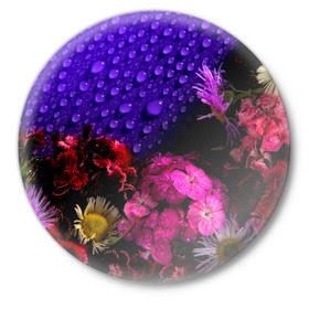 Значок с принтом Капли на цветах в Тюмени,  металл | круглая форма, металлическая застежка в виде булавки | 