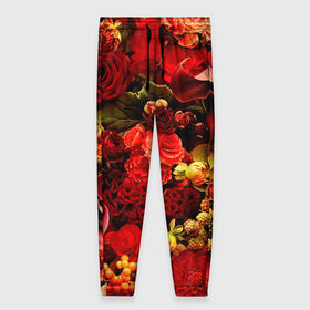 Женские брюки 3D с принтом Букет цветов в Тюмени, полиэстер 100% | прямой крой, два кармана без застежек по бокам, с мягкой трикотажной резинкой на поясе и по низу штанин. В поясе для дополнительного комфорта — широкие завязки | flower | красные | розы | цветочки | цветы