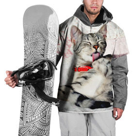 Накидка на куртку 3D с принтом Кошка в Тюмени, 100% полиэстер |  | cat | collar | heel | licking | lying | red | striped | кошка | красный | лежит | лижет | ошейник | полосатая | пятка