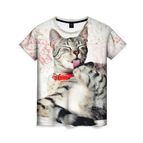 Женская футболка 3D с принтом Кошка в Тюмени, 100% полиэфир ( синтетическое хлопкоподобное полотно) | прямой крой, круглый вырез горловины, длина до линии бедер | cat | collar | heel | licking | lying | red | striped | кошка | красный | лежит | лижет | ошейник | полосатая | пятка