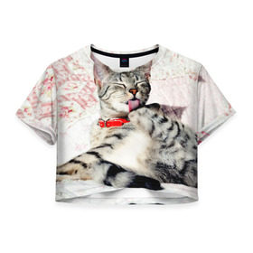 Женская футболка 3D укороченная с принтом Кошка в Тюмени, 100% полиэстер | круглая горловина, длина футболки до линии талии, рукава с отворотами | cat | collar | heel | licking | lying | red | striped | кошка | красный | лежит | лижет | ошейник | полосатая | пятка