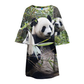 Детское платье 3D с принтом Семейка панд в Тюмени, 100% полиэстер | прямой силуэт, чуть расширенный к низу. Круглая горловина, на рукавах — воланы | Тематика изображения на принте: бамбук | животное | зверь | косолапый | лес | медведи | медведь | миша | мишка | мишутка | млекопитающее | панда | природа | трое