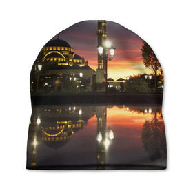 Шапка 3D с принтом Мечеть в Грозном в Тюмени, 100% полиэстер | универсальный размер, печать по всей поверхности изделия | вода | город | грозный | закат | ичкерия | кааба | мечеть | огни | пейзаж | святилище | столица | фонтан | храм | чечня
