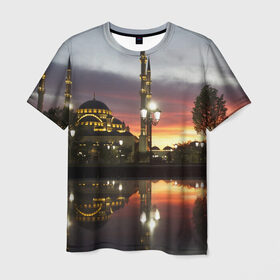 Мужская футболка 3D с принтом Мечеть в Грозном в Тюмени, 100% полиэфир | прямой крой, круглый вырез горловины, длина до линии бедер | вода | город | грозный | закат | ичкерия | кааба | мечеть | огни | пейзаж | святилище | столица | фонтан | храм | чечня