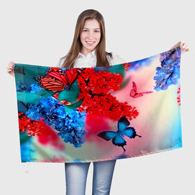 Флаг 3D с принтом Бабочки в Тюмени, 100% полиэстер | плотность ткани — 95 г/м2, размер — 67 х 109 см. Принт наносится с одной стороны | flower | красные | цветочки | цветы