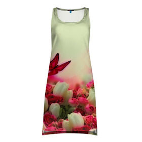 Платье-майка 3D с принтом Весна и бабочки в Тюмени, 100% полиэстер | полуприлегающий силуэт, широкие бретели, круглый вырез горловины, удлиненный подол сзади. | flower | цветы