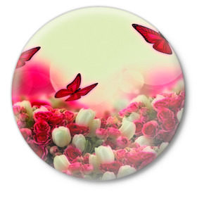 Значок с принтом Весна и бабочки в Тюмени,  металл | круглая форма, металлическая застежка в виде булавки | flower | цветы