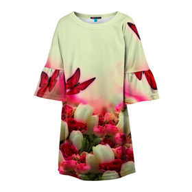 Детское платье 3D с принтом Весна и бабочки в Тюмени, 100% полиэстер | прямой силуэт, чуть расширенный к низу. Круглая горловина, на рукавах — воланы | Тематика изображения на принте: flower | цветы
