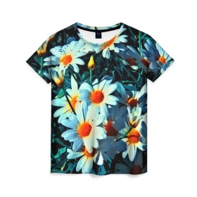 Женская футболка 3D с принтом Полевые ромашки в Тюмени, 100% полиэфир ( синтетическое хлопкоподобное полотно) | прямой крой, круглый вырез горловины, длина до линии бедер | flower | лето | полевой цветок | цветочки | цветы