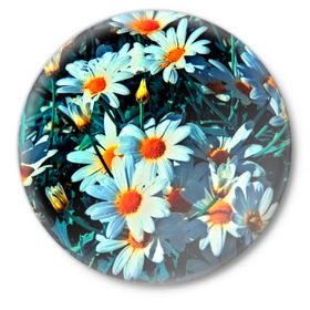 Значок с принтом Полевые ромашки в Тюмени,  металл | круглая форма, металлическая застежка в виде булавки | flower | лето | полевой цветок | цветочки | цветы