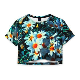 Женская футболка 3D укороченная с принтом Полевые ромашки в Тюмени, 100% полиэстер | круглая горловина, длина футболки до линии талии, рукава с отворотами | flower | лето | полевой цветок | цветочки | цветы