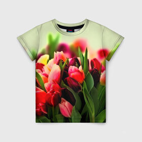 Детская футболка 3D с принтом Букет тюльпанов в Тюмени, 100% гипоаллергенный полиэфир | прямой крой, круглый вырез горловины, длина до линии бедер, чуть спущенное плечо, ткань немного тянется | flower | весна | цветочки | цветы