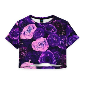 Женская футболка 3D укороченная с принтом Фиолетовые розы в Тюмени, 100% полиэстер | круглая горловина, длина футболки до линии талии, рукава с отворотами | flower | прикцветочки | розы | цветы