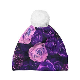 Шапка 3D c помпоном с принтом Фиолетовые розы в Тюмени, 100% полиэстер | универсальный размер, печать по всей поверхности изделия | Тематика изображения на принте: flower | прикцветочки | розы | цветы