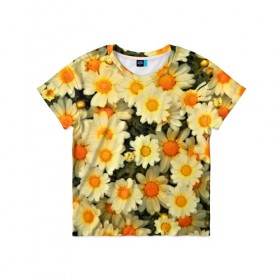 Детская футболка 3D с принтом Жёлтые цветочки в Тюмени, 100% гипоаллергенный полиэфир | прямой крой, круглый вырез горловины, длина до линии бедер, чуть спущенное плечо, ткань немного тянется | flower | лето | полевой цветок | цветочки | цветы