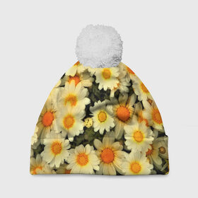 Шапка 3D c помпоном с принтом Жёлтые цветочки в Тюмени, 100% полиэстер | универсальный размер, печать по всей поверхности изделия | flower | лето | полевой цветок | цветочки | цветы