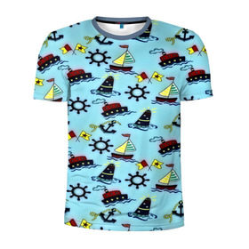 Мужская футболка 3D спортивная с принтом Кораблик в Тюмени, 100% полиэстер с улучшенными характеристиками | приталенный силуэт, круглая горловина, широкие плечи, сужается к линии бедра | navy blue | абстракции | белый | брызги | волны | дельфин | кораблик | красный | маяк | минимализм | морская тема | спасательный круг | темно синий | якорь