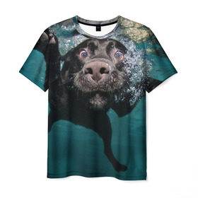 Мужская футболка 3D с принтом Пес дайвер в Тюмени, 100% полиэфир | прямой крой, круглый вырез горловины, длина до линии бедер | вода | гребет | дайвер | животное | купается | лапы | нос | пес | плавец | плывет | под водой | прикольный | пузыри | смешной | собака | щенок