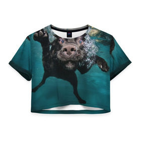 Женская футболка 3D укороченная с принтом Пес дайвер в Тюмени, 100% полиэстер | круглая горловина, длина футболки до линии талии, рукава с отворотами | вода | гребет | дайвер | животное | купается | лапы | нос | пес | плавец | плывет | под водой | прикольный | пузыри | смешной | собака | щенок