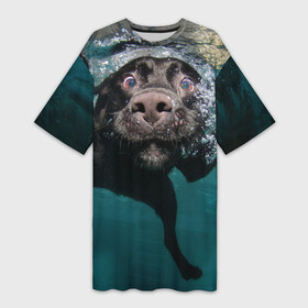 Платье-футболка 3D с принтом Пес дайвер в Тюмени,  |  | вода | гребет | дайвер | животное | купается | лапы | нос | пес | плавец | плывет | под водой | прикольный | пузыри | смешной | собака | щенок