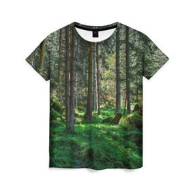 Женская футболка 3D с принтом Темный лес в Тюмени, 100% полиэфир ( синтетическое хлопкоподобное полотно) | прямой крой, круглый вырез горловины, длина до линии бедер | бор | деревья | ель | ельник | заповедник | камни | красивый | лес | лето | мох | мрачный | прекрасный | природа | флора | чудесный