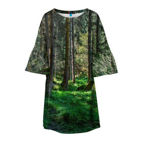 Детское платье 3D с принтом Темный лес в Тюмени, 100% полиэстер | прямой силуэт, чуть расширенный к низу. Круглая горловина, на рукавах — воланы | Тематика изображения на принте: бор | деревья | ель | ельник | заповедник | камни | красивый | лес | лето | мох | мрачный | прекрасный | природа | флора | чудесный