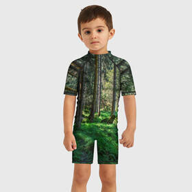 Детский купальный костюм 3D с принтом Темный лес в Тюмени, Полиэстер 85%, Спандекс 15% | застежка на молнии на спине | бор | деревья | ель | ельник | заповедник | камни | красивый | лес | лето | мох | мрачный | прекрасный | природа | флора | чудесный