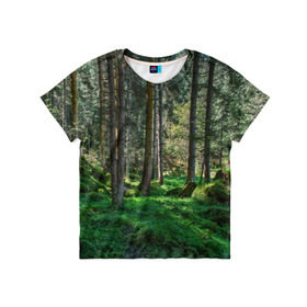 Детская футболка 3D с принтом Темный лес в Тюмени, 100% гипоаллергенный полиэфир | прямой крой, круглый вырез горловины, длина до линии бедер, чуть спущенное плечо, ткань немного тянется | Тематика изображения на принте: бор | деревья | ель | ельник | заповедник | камни | красивый | лес | лето | мох | мрачный | прекрасный | природа | флора | чудесный