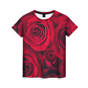 Женская футболка 3D с принтом Красные розы в Тюмени, 100% полиэфир ( синтетическое хлопкоподобное полотно) | прямой крой, круглый вырез горловины, длина до линии бедер | 8 марта | букет | весна | дары флоры | женщине | красные | лепестки | лето | любовь | отношения | подарок | розы | романтика | флора | цветок | цветы