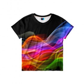 Детская футболка 3D с принтом Цветной дым в Тюмени, 100% гипоаллергенный полиэфир | прямой крой, круглый вырез горловины, длина до линии бедер, чуть спущенное плечо, ткань немного тянется | Тематика изображения на принте: абстракция | волны | дым | узоры | форма | цвет