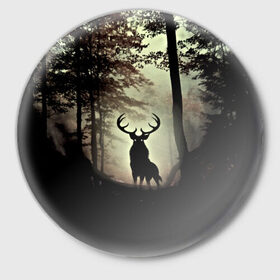Значок с принтом Олень в Тюмени,  металл | круглая форма, металлическая застежка в виде булавки | деревья | императорский красный олень | лес | олень | природа | рога