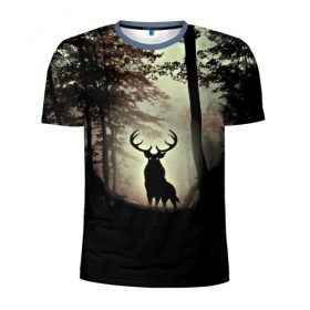 Мужская футболка 3D спортивная с принтом Олень в Тюмени, 100% полиэстер с улучшенными характеристиками | приталенный силуэт, круглая горловина, широкие плечи, сужается к линии бедра | деревья | императорский красный олень | лес | олень | природа | рога