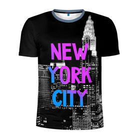 Мужская футболка 3D спортивная с принтом Нью-Йорк в Тюмени, 100% полиэстер с улучшенными характеристиками | приталенный силуэт, круглая горловина, широкие плечи, сужается к линии бедра | america | capital | city | lights | new york | night | skyscrapers | tourism | usa | америка | город | ночь | нью йорк | огни | столица | сша | туризм