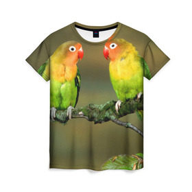 Женская футболка 3D с принтом Попугаи в Тюмени, 100% полиэфир ( синтетическое хлопкоподобное полотно) | прямой крой, круглый вырез горловины, длина до линии бедер | двое | классный | клюв | красивый | крылья | попугай | попугайчик | птица | птичка | радужный