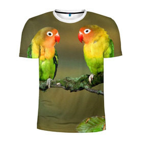 Мужская футболка 3D спортивная с принтом Попугаи в Тюмени, 100% полиэстер с улучшенными характеристиками | приталенный силуэт, круглая горловина, широкие плечи, сужается к линии бедра | Тематика изображения на принте: двое | классный | клюв | красивый | крылья | попугай | попугайчик | птица | птичка | радужный
