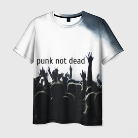 Мужская футболка 3D с принтом Punk not dead в Тюмени, 100% полиэфир | прямой крой, круглый вырез горловины, длина до линии бедер | punk not dead | бит | группа | драйв | дым | зал | концерт | музыка | надпись | панк | панк не умрет | панки | рок | слова | танцы | туман | тусовка | фраза | хой