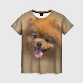 Женская футболка 3D с принтом Шпиц в Тюмени, 100% полиэфир ( синтетическое хлопкоподобное полотно) | прямой крой, круглый вырез горловины, длина до линии бедер | shpic | животные | мордочка | пёс | рыжий | собака | собачка | язык
