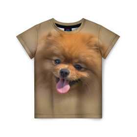 Детская футболка 3D с принтом Шпиц в Тюмени, 100% гипоаллергенный полиэфир | прямой крой, круглый вырез горловины, длина до линии бедер, чуть спущенное плечо, ткань немного тянется | shpic | животные | мордочка | пёс | рыжий | собака | собачка | язык