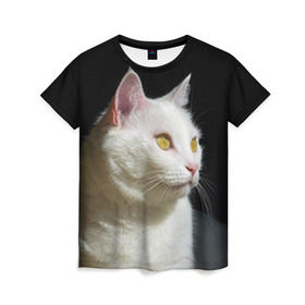 Женская футболка 3D с принтом Белая и пушистая в Тюмени, 100% полиэфир ( синтетическое хлопкоподобное полотно) | прямой крой, круглый вырез горловины, длина до линии бедер | белый | взгляд | глаза | киска | кот | котёнок | кошка | пушистый