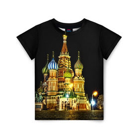 Детская футболка 3D с принтом Москва в Тюмени, 100% гипоаллергенный полиэфир | прямой крой, круглый вырез горловины, длина до линии бедер, чуть спущенное плечо, ткань немного тянется | Тематика изображения на принте: kremlin | moscow | russia | город | кремль | москва | ночь | огни | река