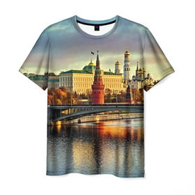 Мужская футболка 3D с принтом Москва река в Тюмени, 100% полиэфир | прямой крой, круглый вырез горловины, длина до линии бедер | Тематика изображения на принте: kremlin | moscow | russia | город | кремль | москва | ночь | огни | река